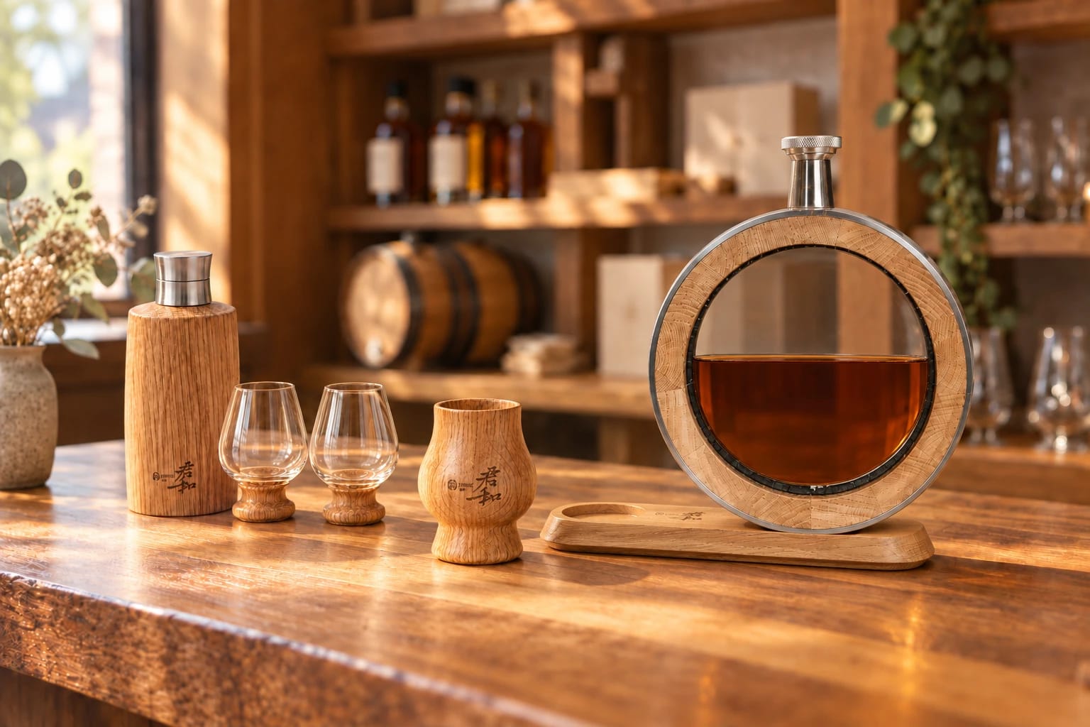 An Outdoor Set with one oak bottle and two glasses, an oak tasting cup and a glass-panel oak decanter on a sunlit wooden counter.