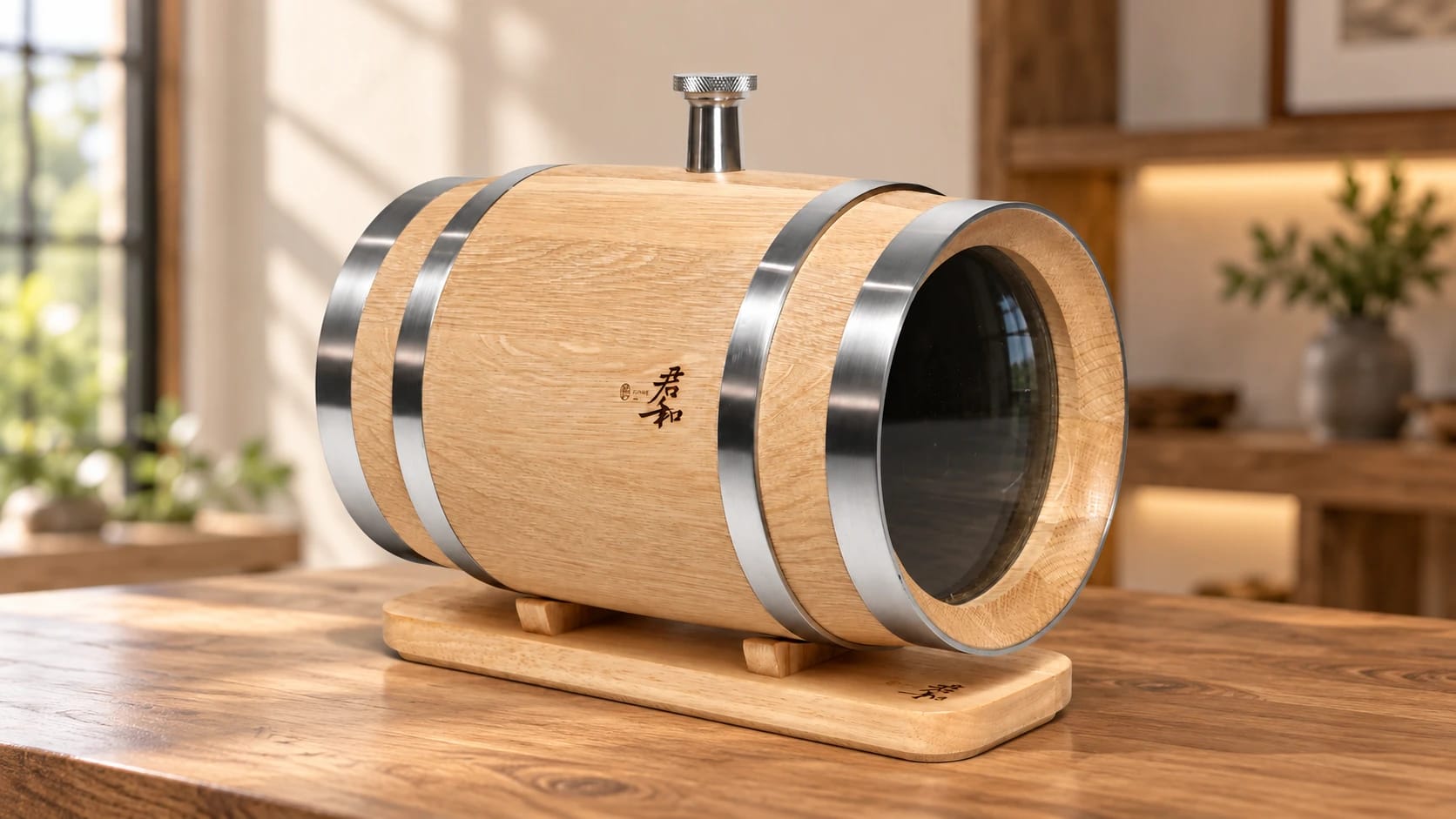 Junhe 3L glass oak barrel on its wooden base on a sunlit tasting-room counter