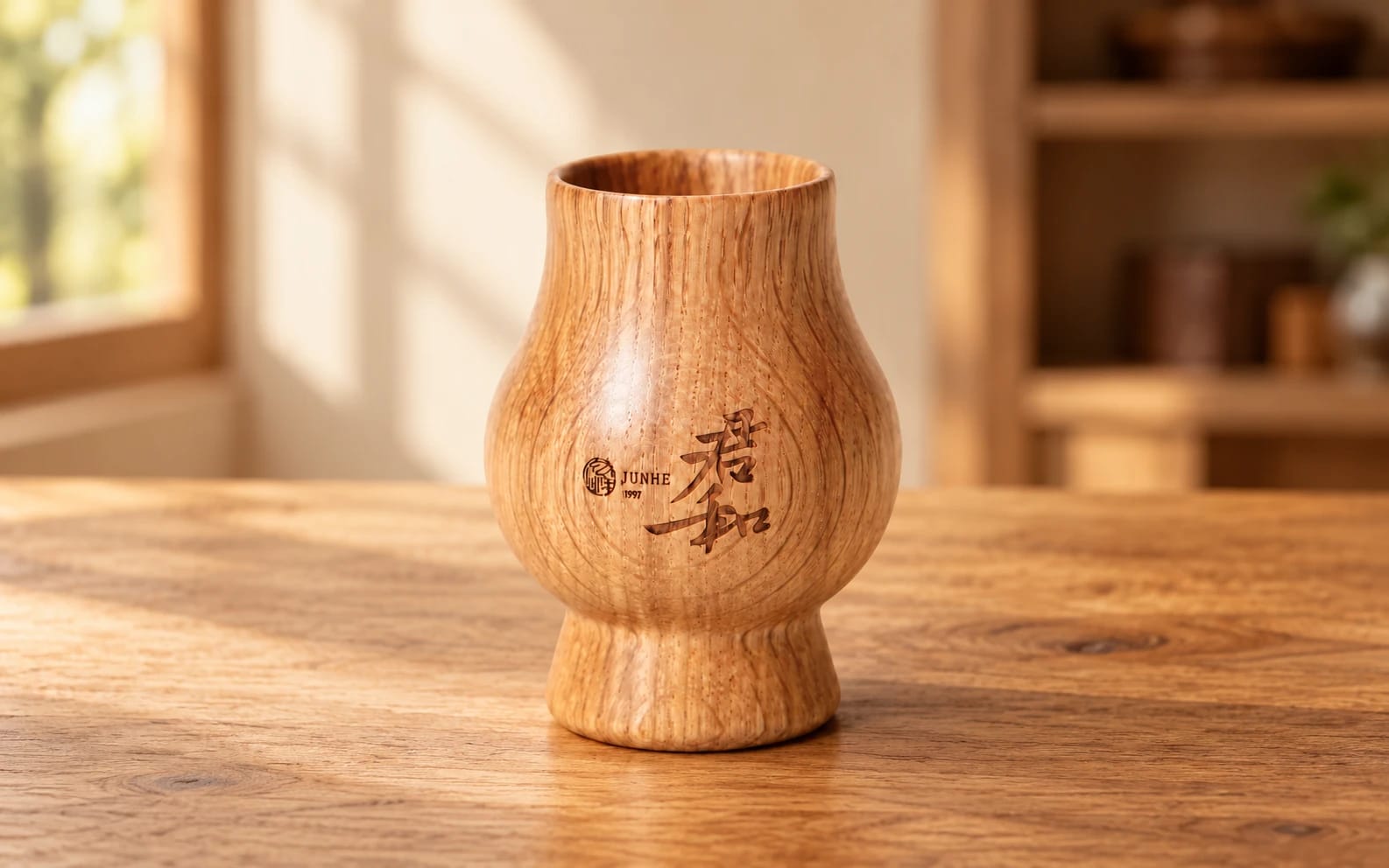 Engraved Junhe Oak Cup on a wooden tasting table in soft natural window light