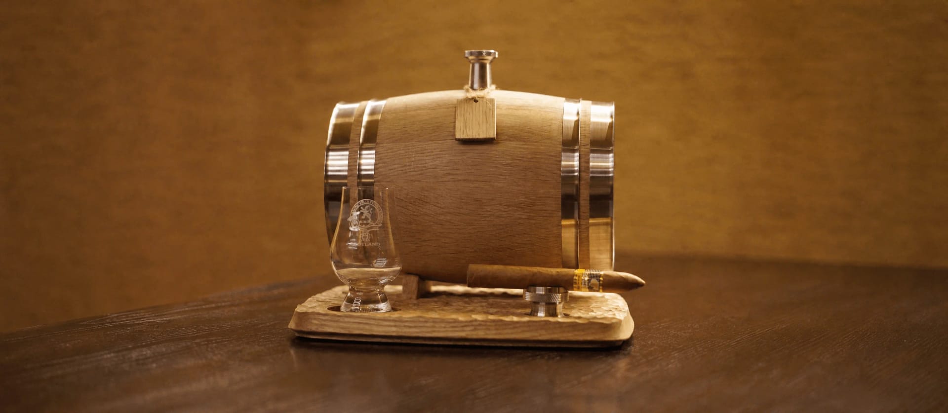 Craftsmanship scene — mini oak whiskey barrel workshop