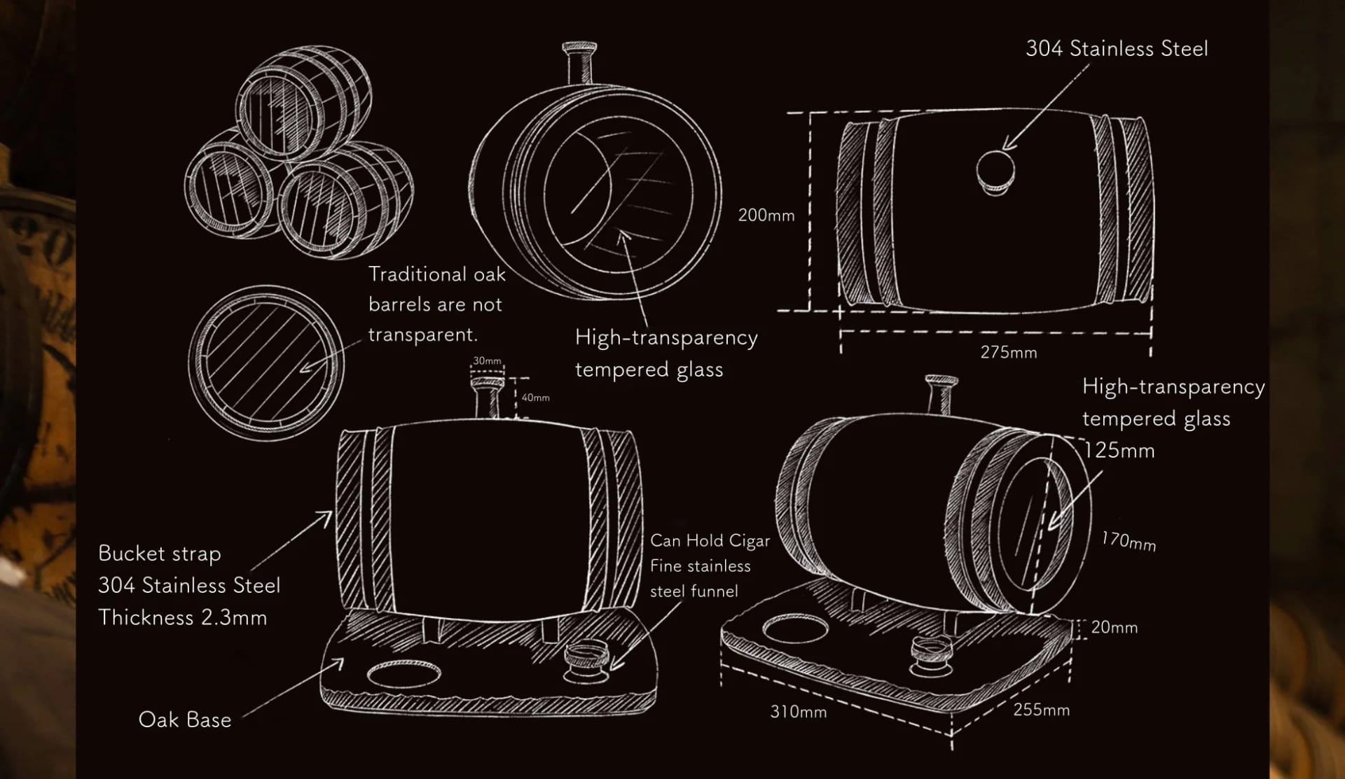 3L mini oak barrel hand-drawn design diagram