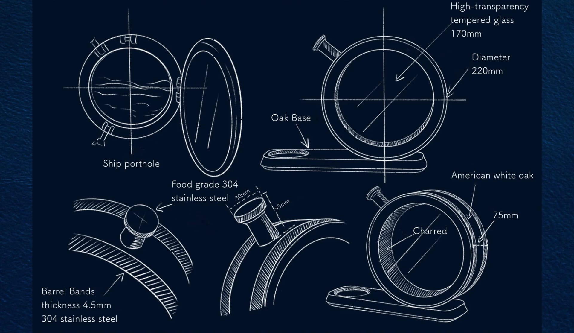 700ml oak decanter hand-drawn design diagram