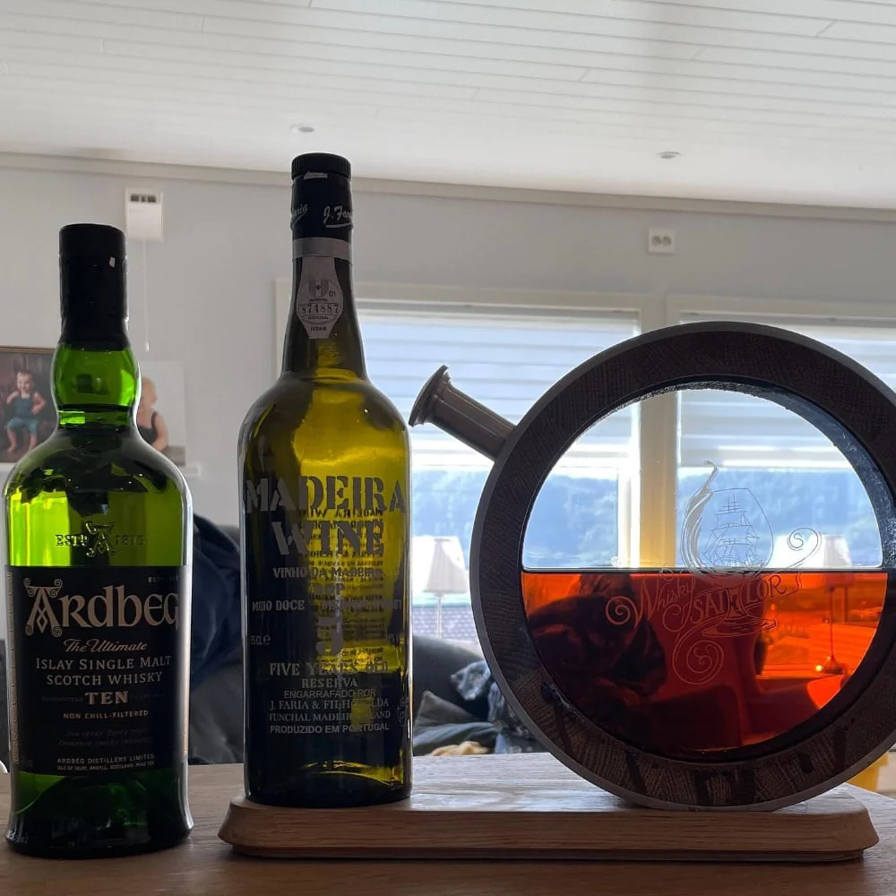 Home bar setup featuring a visible oak whiskey decanter
