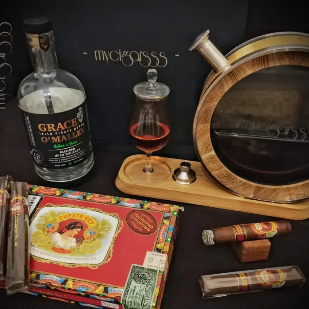 Custom-branded oak barrel product in influencer unboxing scene