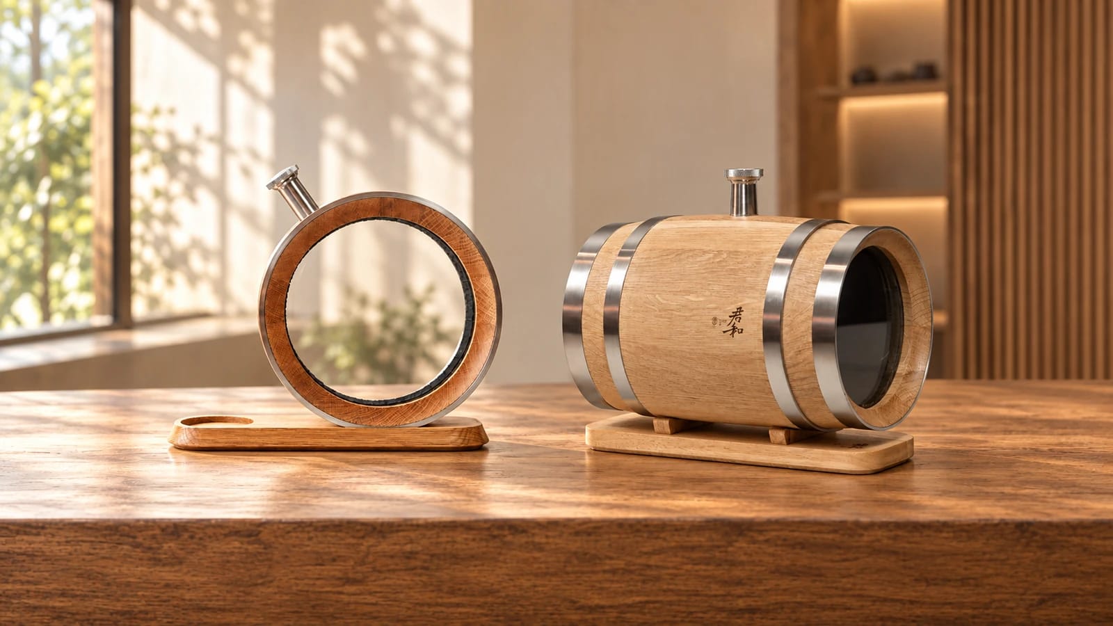 700ml oak decanter and 3L mini oak barrel on a tasting counter 700ml Visible Oak Whiskey Decanter and 3L Mini Oak Barrel side by side on a sunlit wooden tasting counter