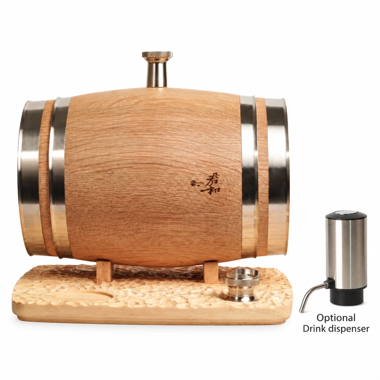 3L mini oak barrel with an optional drink dispenser shown alongside